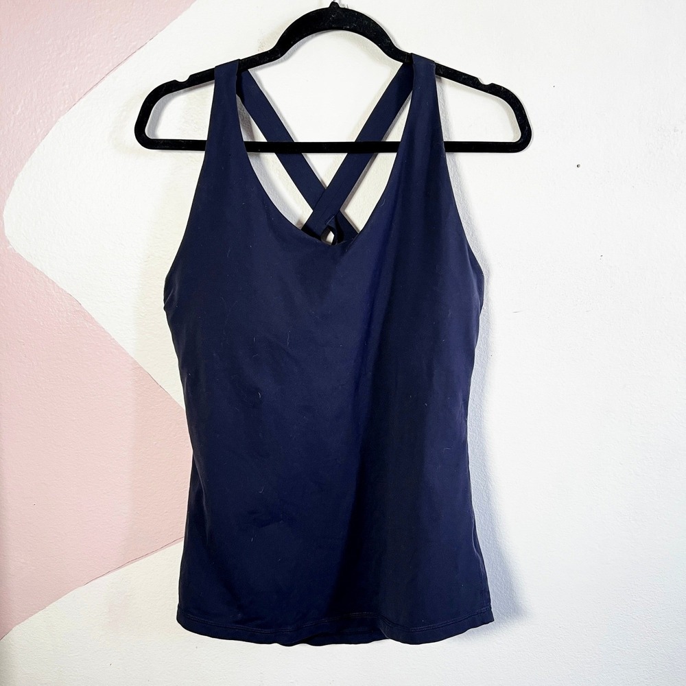 prAna Tank Top Women's Large Navy Blue Yoga Shelf Bra Criss Cross Back
